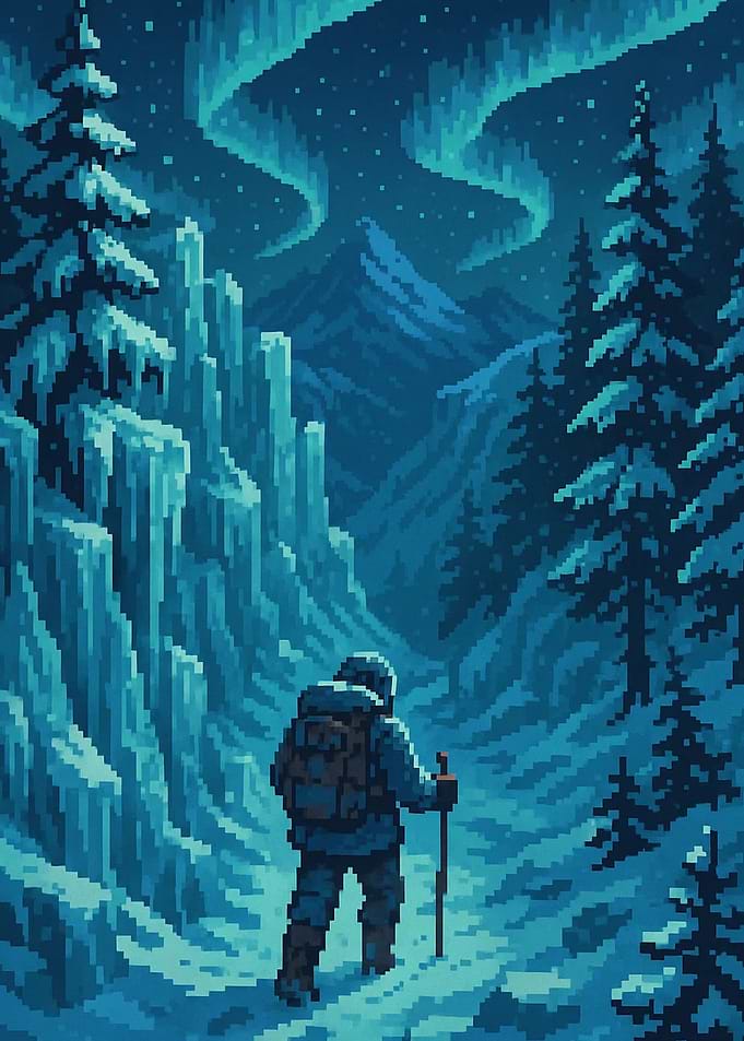 Pixel Art - Hiker Under Aurora Borealis