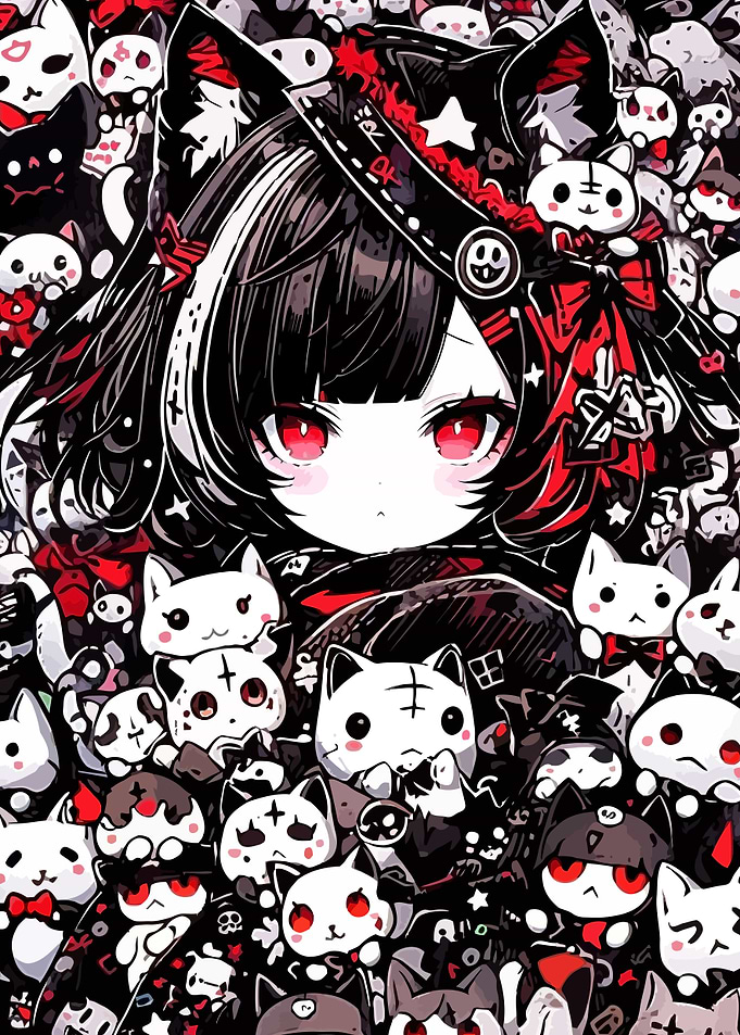 Anime Girl Surrounded by Cats