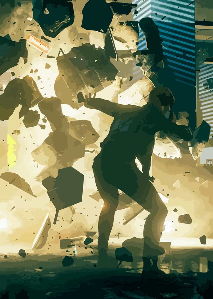 Explosion in Cityscape with Figure