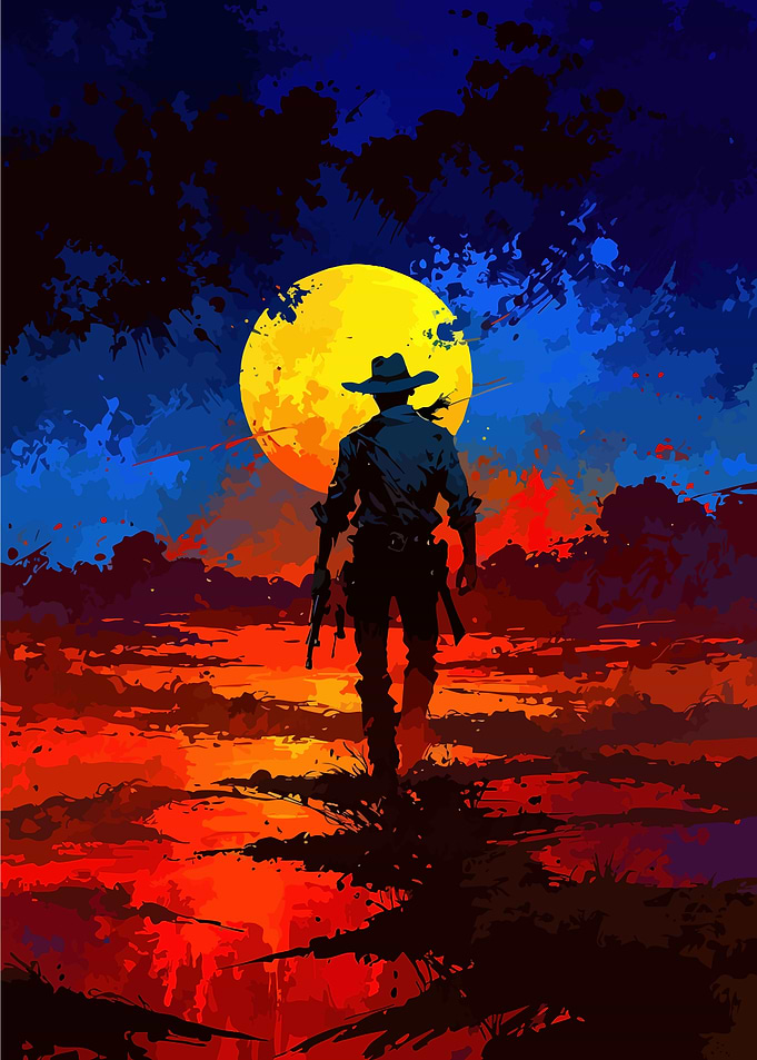 Cowboy Silhouette Under a Yellow Moon