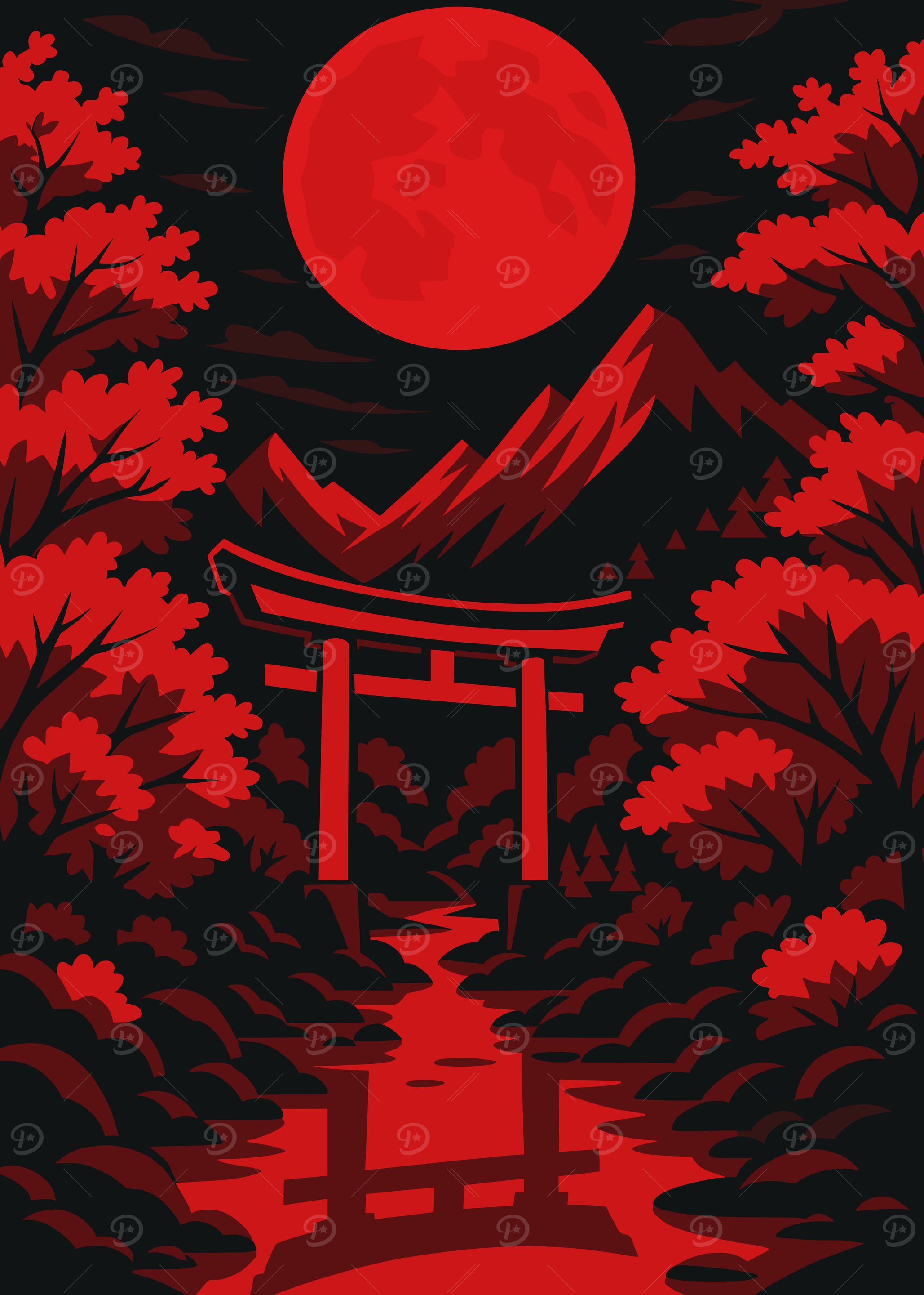 Red Moon Torii Gate Landscape