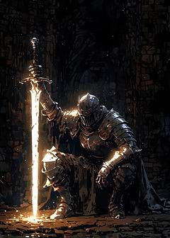 Knight with Glowing Sword in Darkness