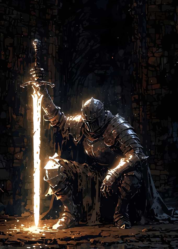 Knight with Glowing Sword in Darkness