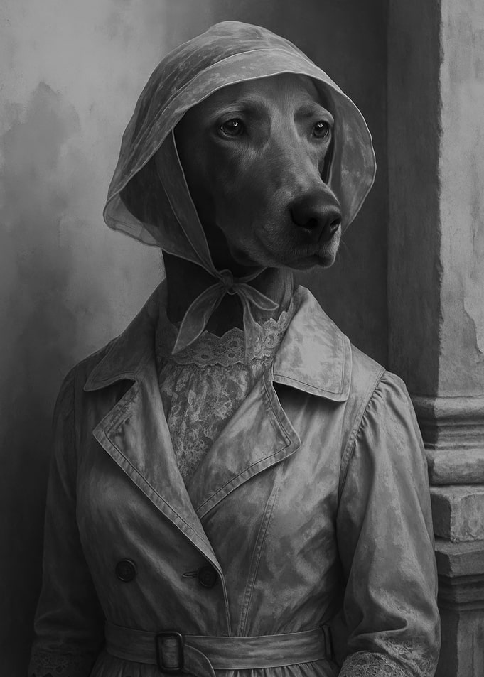 Weimaraner Dog in Trench Coat Portrait