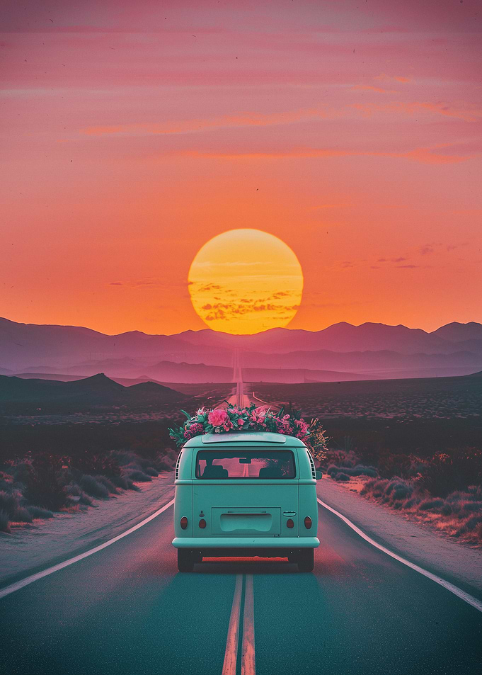 Vintage Van with Flowers at Sunset