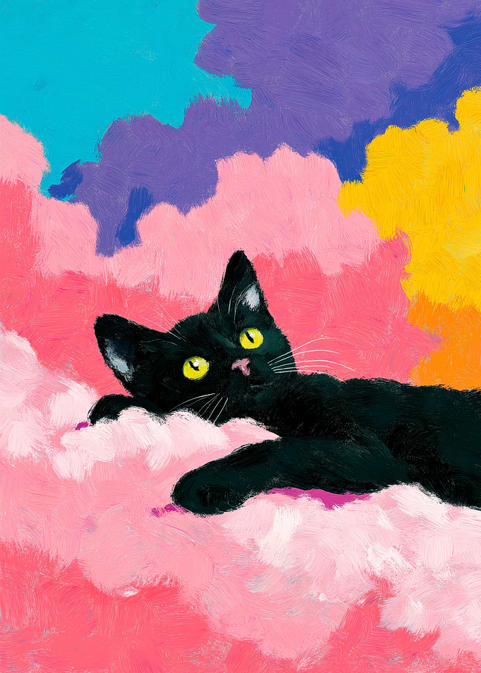 Black Cat in Colorful Clouds