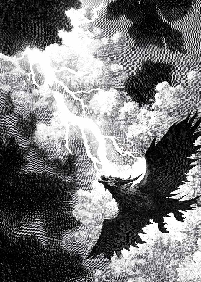 Dragon in Stormy Sky