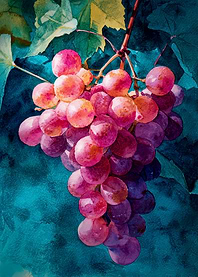 Watercolor Grape Cluster with Leaves