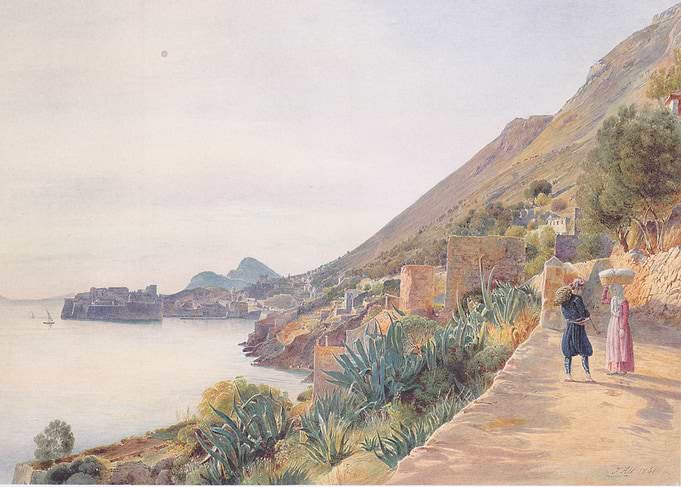 Coastal Italian Landscape Watercolor Painting