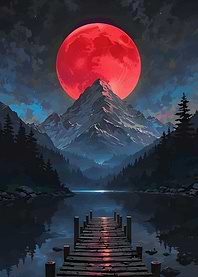 Red Moon Over Mountain Lake