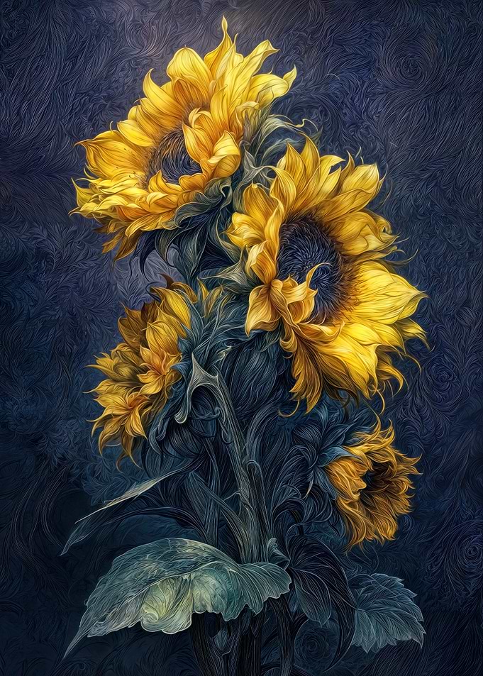 Sunflowers on Dark Blue Background
