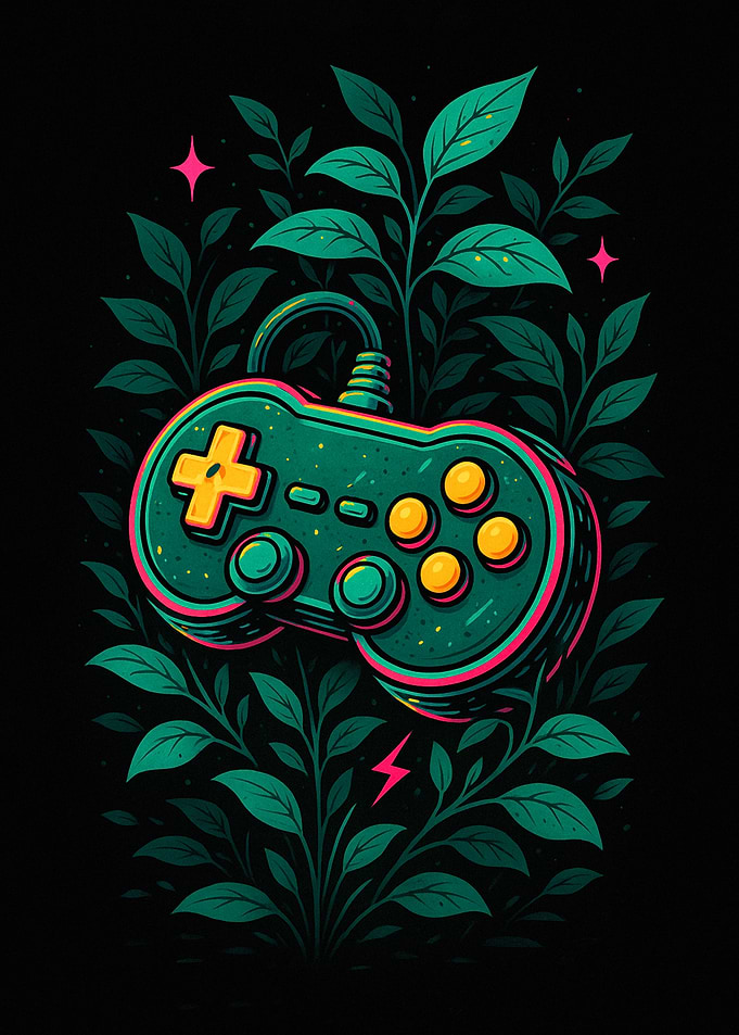Gaming Controller Surrounded by Greenery