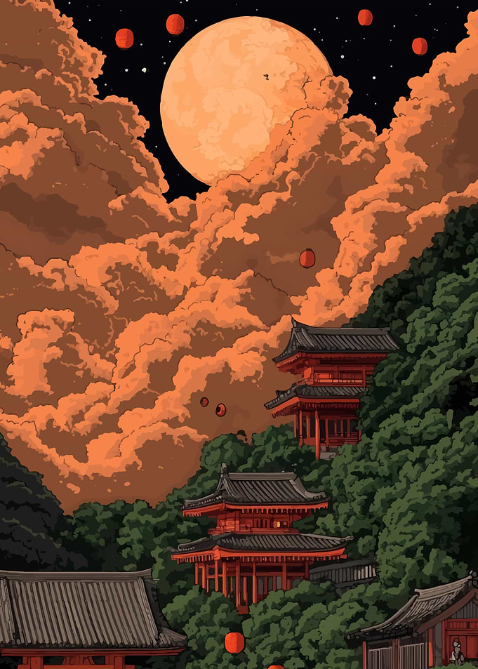 Japanese Temple Under a Full Moon