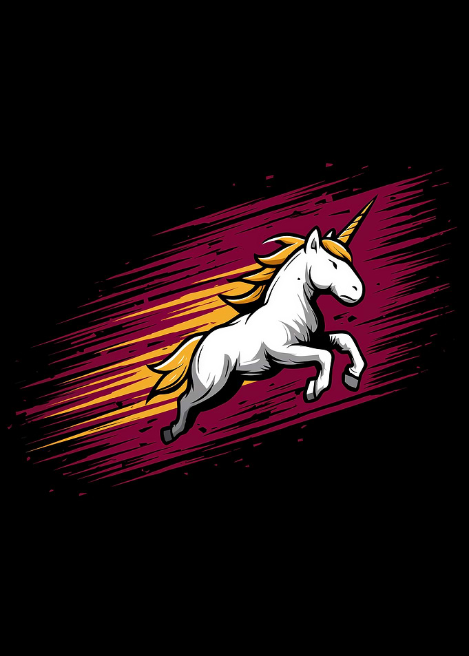 Cartoon Unicorn Leaping on Black Background