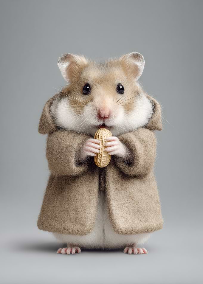 Hamster in Coat Holding Peanut