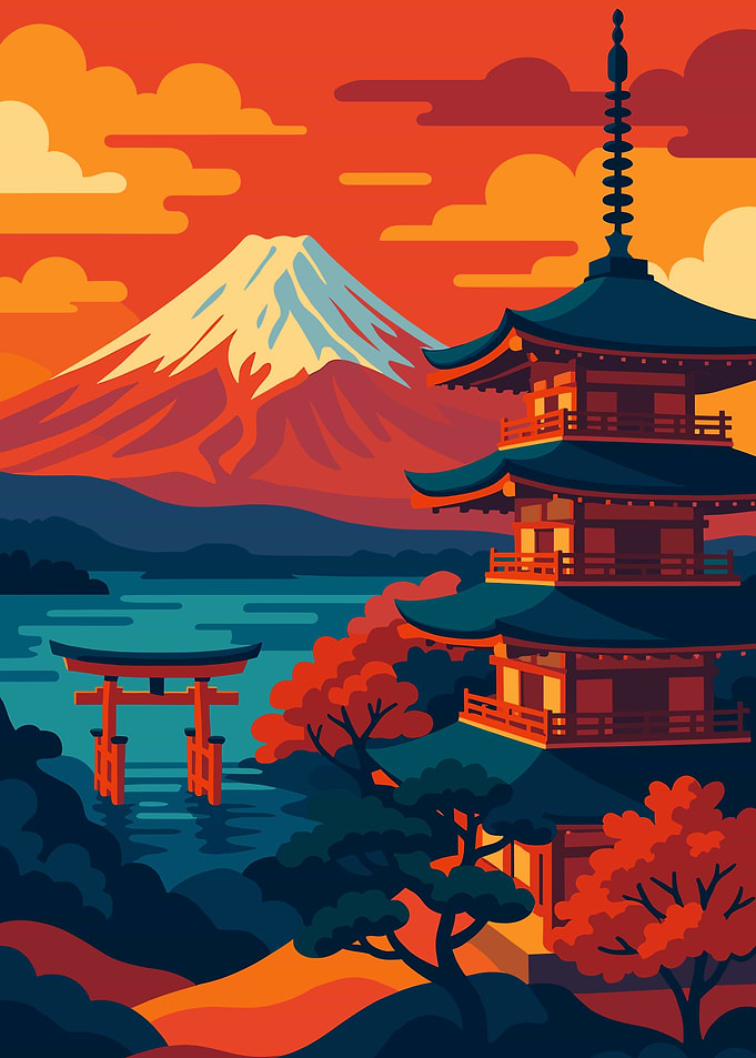 Japanese Landscape with Pagoda and Mountain