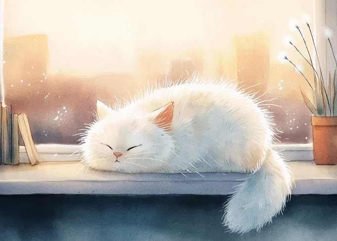 Sleeping White Cat on Window Sill