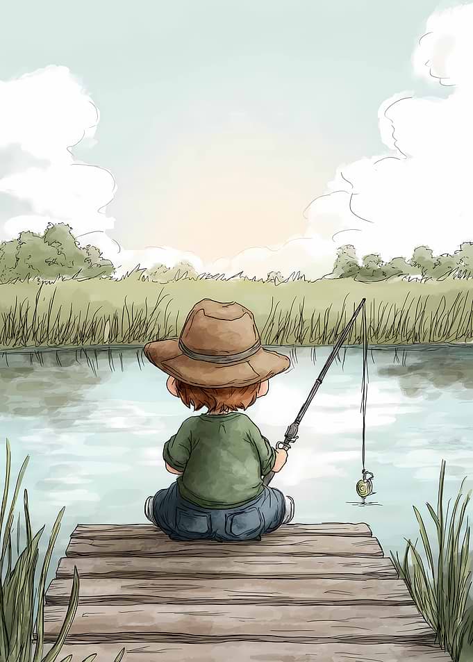Boy Fishing on Dock Illustration