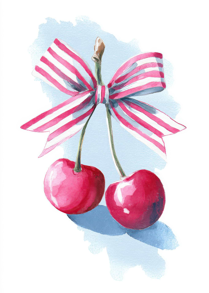 Cherries with Striped Bow Watercolor