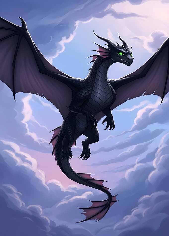 Black Dragon Soaring Through Cloudy Sky