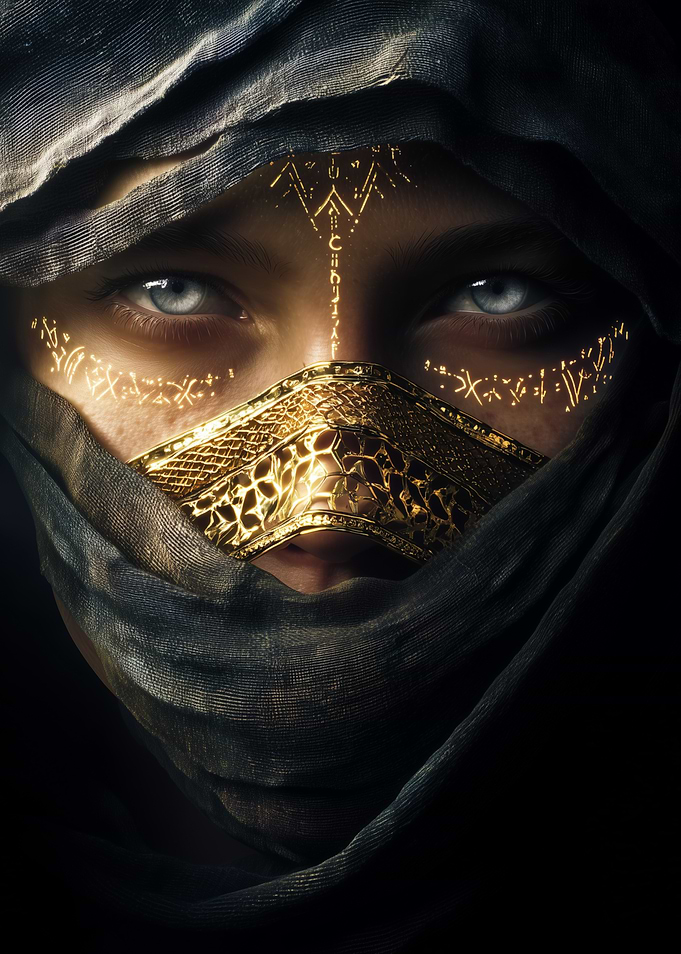 Mysterious veiled figure with golden mask