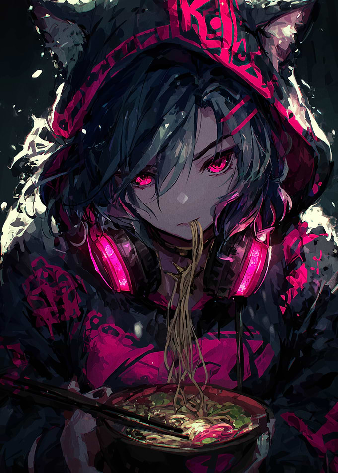 Anime Girl with Ramen and Headphones