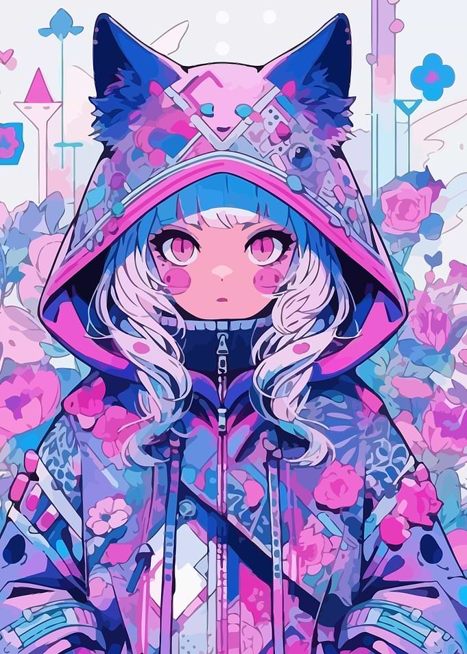 Anime Girl with Floral Hoodie