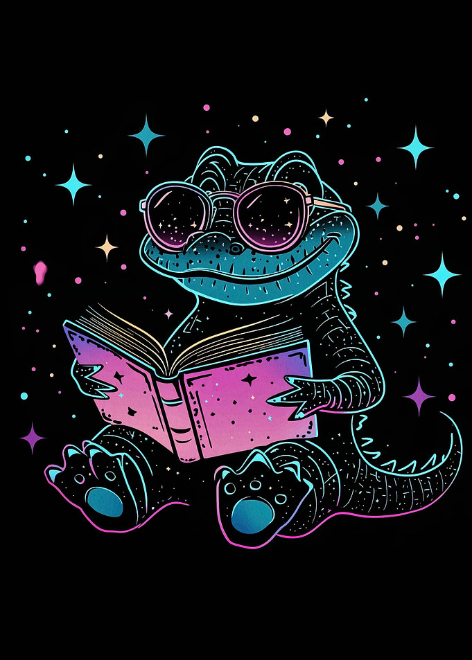 Cool Alligator Reading Book in Space