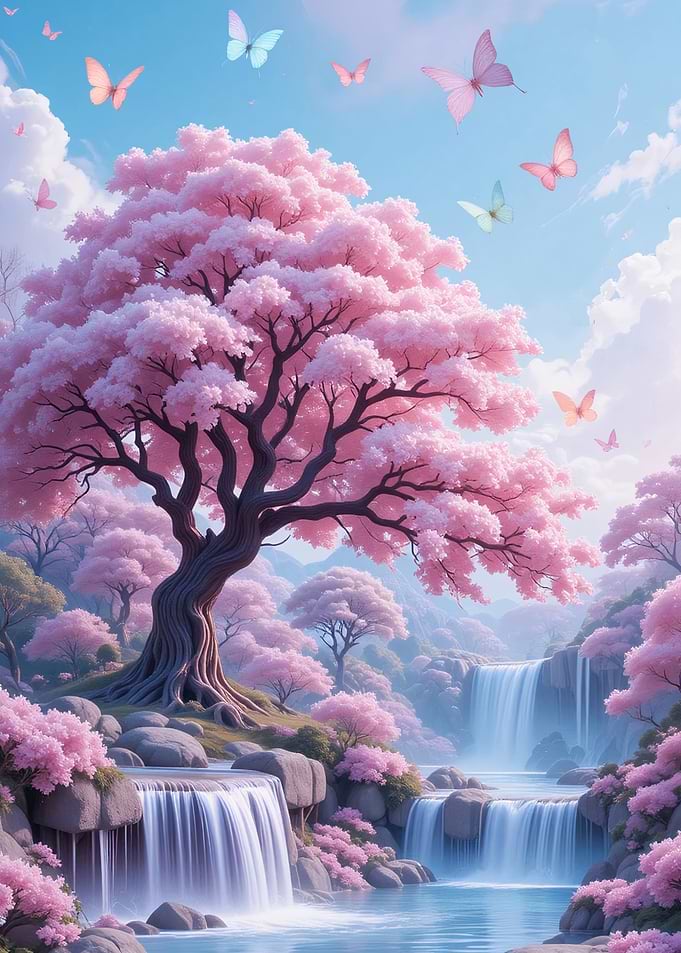 Pink Blossom Tree and Waterfalls