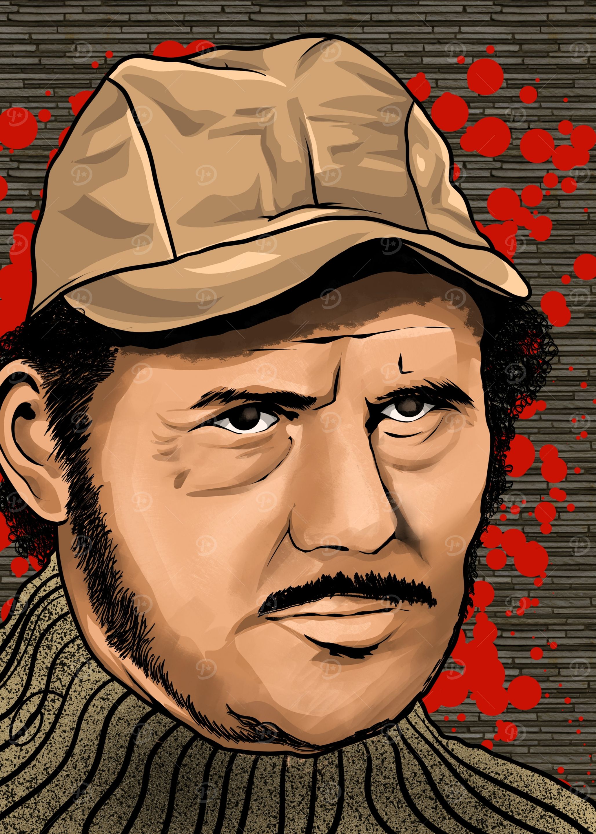 Cartoon Portrait with Red Splatter Background