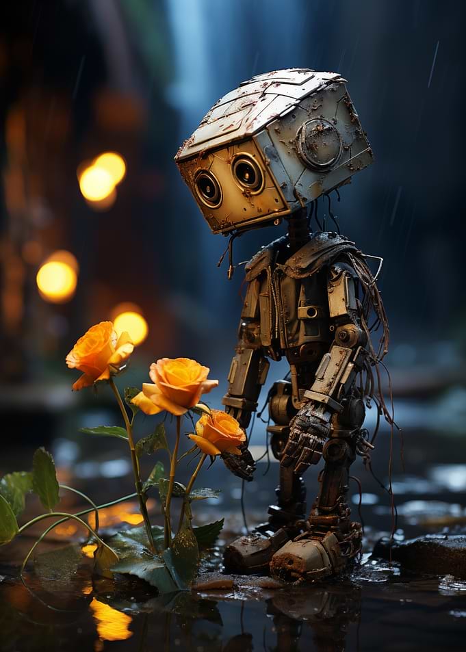 Robot with Flowers in Rain