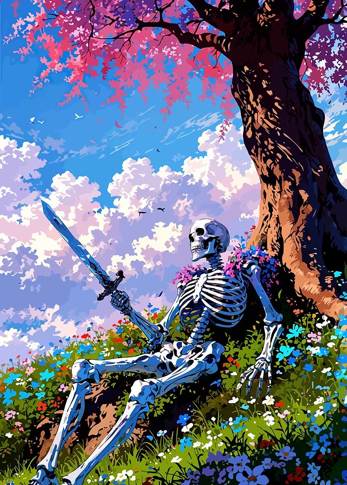 Skeleton with Sword Under Cherry Tree