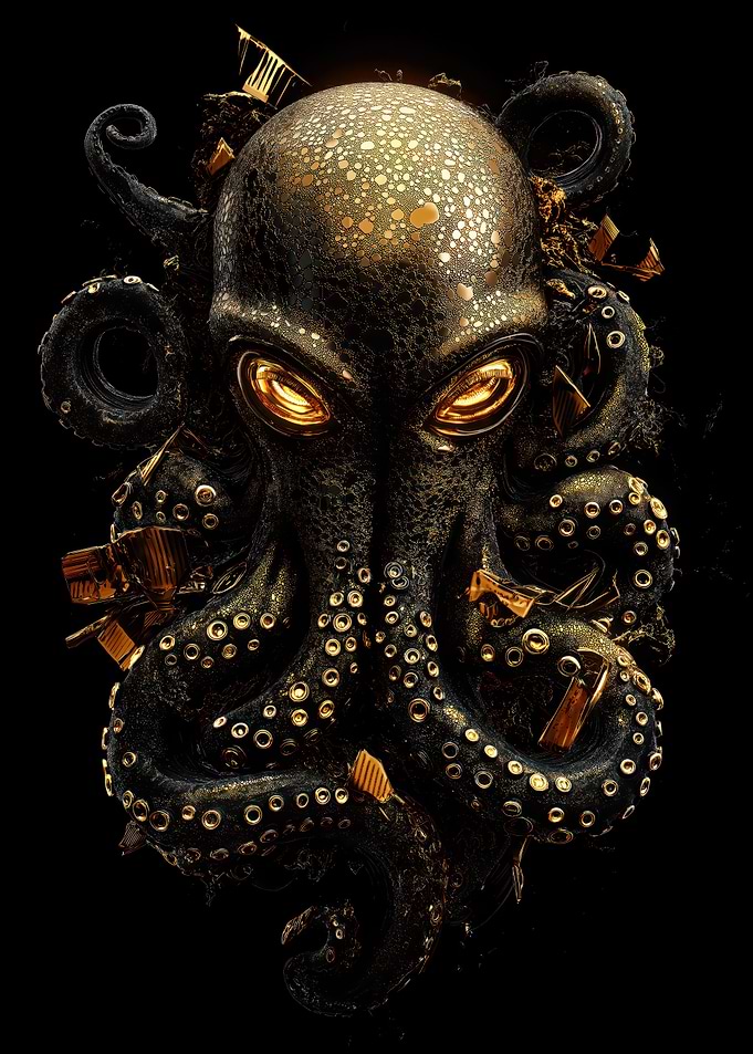 Golden Octopus on Black Background