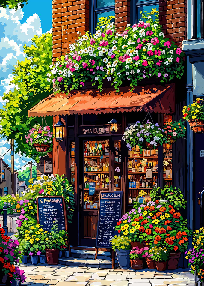 Charming Flower-Adorned Shopfront Illustration