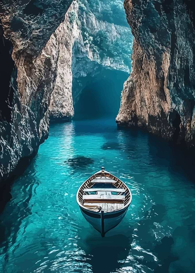 Boat in Cave with Turquoise Water