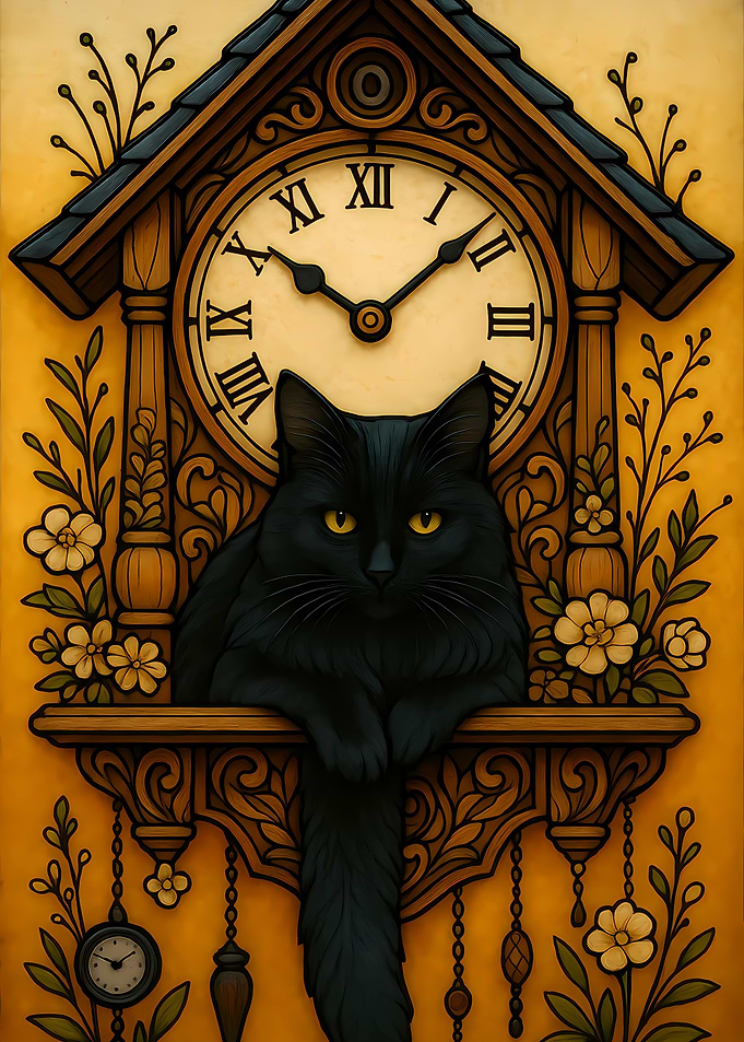 Black Cat Cuckoo Clock Art