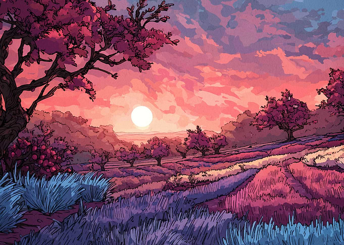 Pink Sunset Landscape Illustration