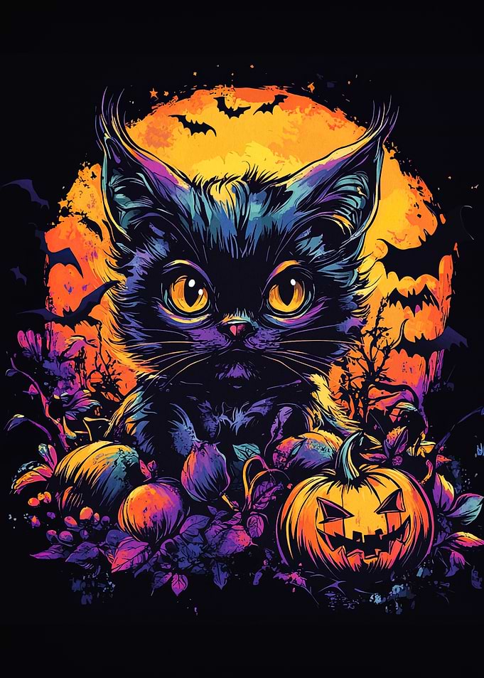 Halloween Cat with Pumpkins and Bats