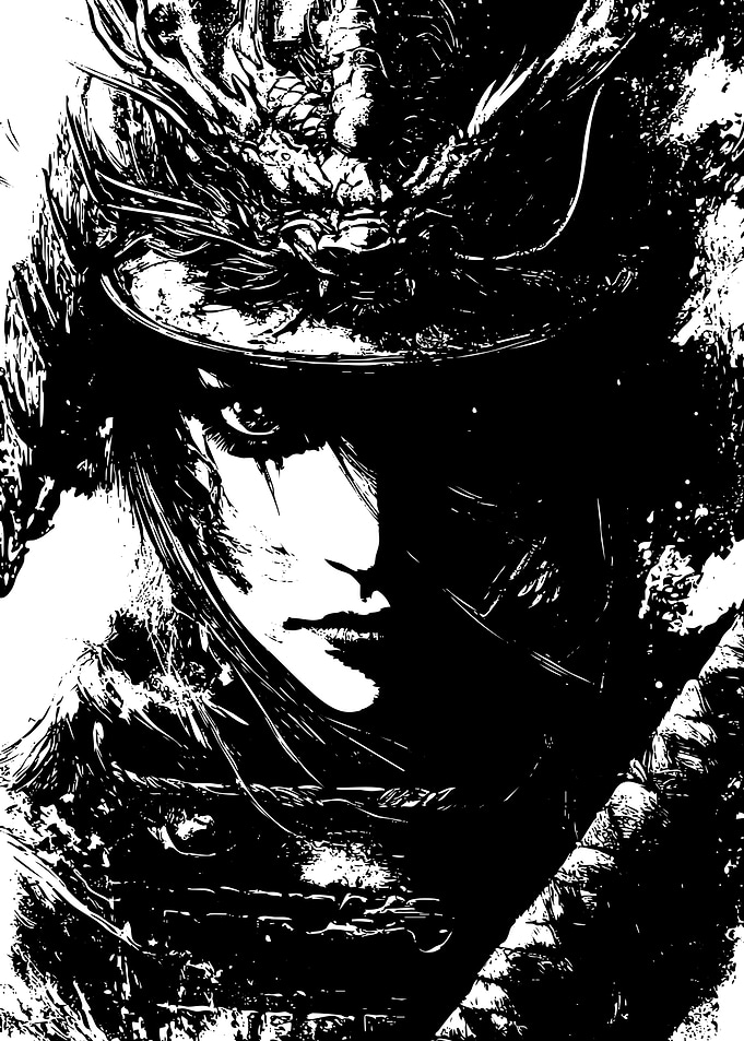 Samurai Warrior Black and White Portrait