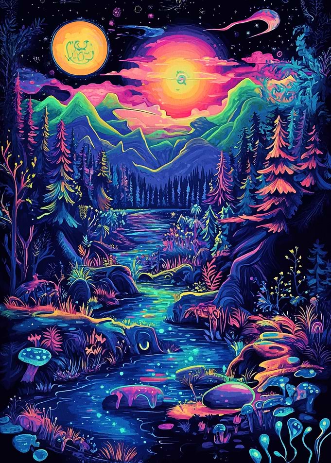 Psychedelic Forest Landscape with River