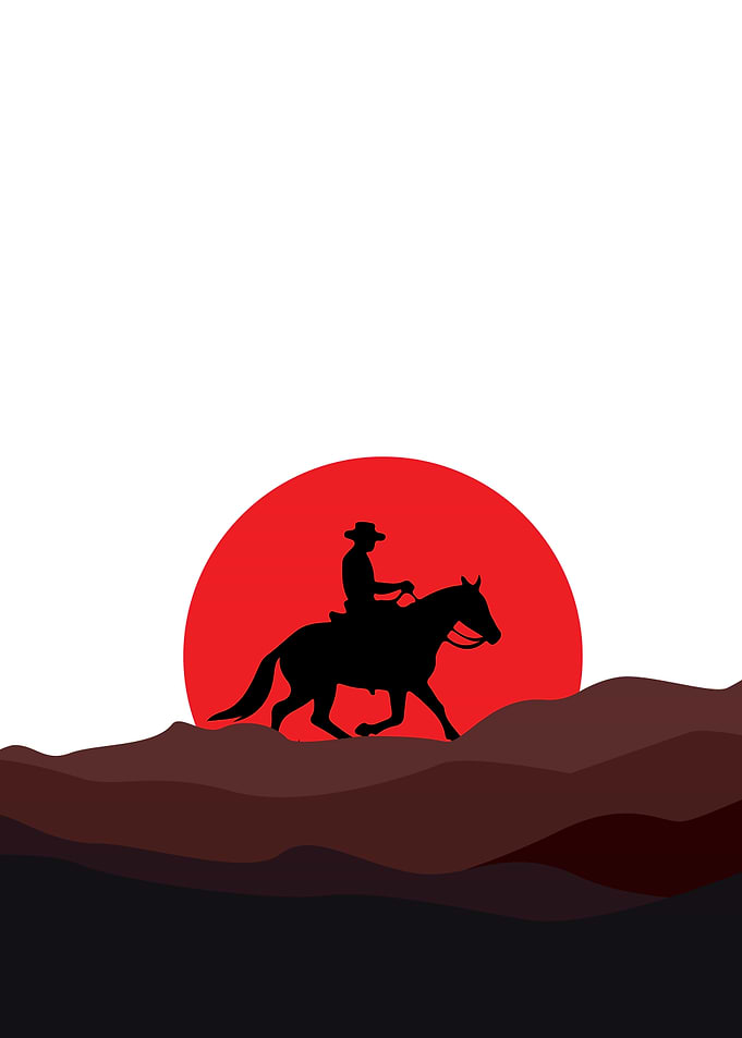 Cowboy Silhouette Riding Horse at Sunset