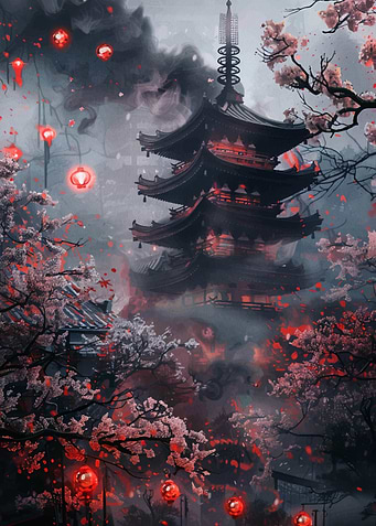 Japanese Pagoda with Cherry Blossoms
