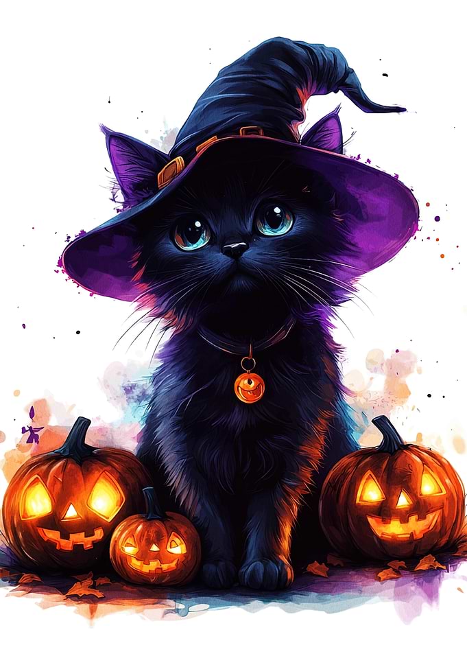 Halloween Cat with Pumpkins