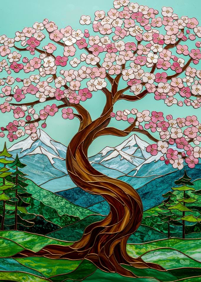Stained Glass Cherry Blossom Landscape