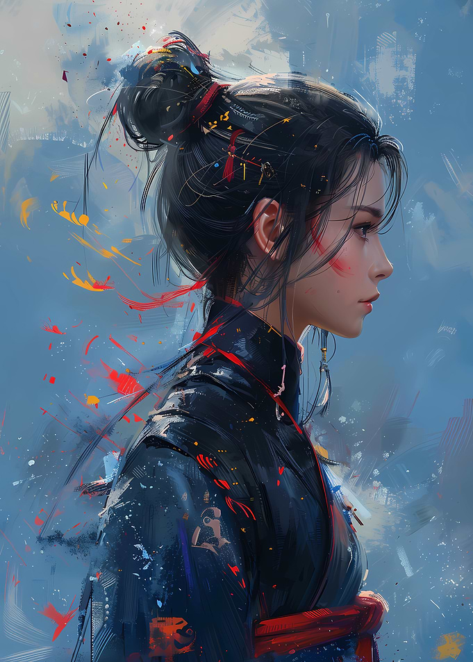 Asian Woman Portrait with Artistic Splatters