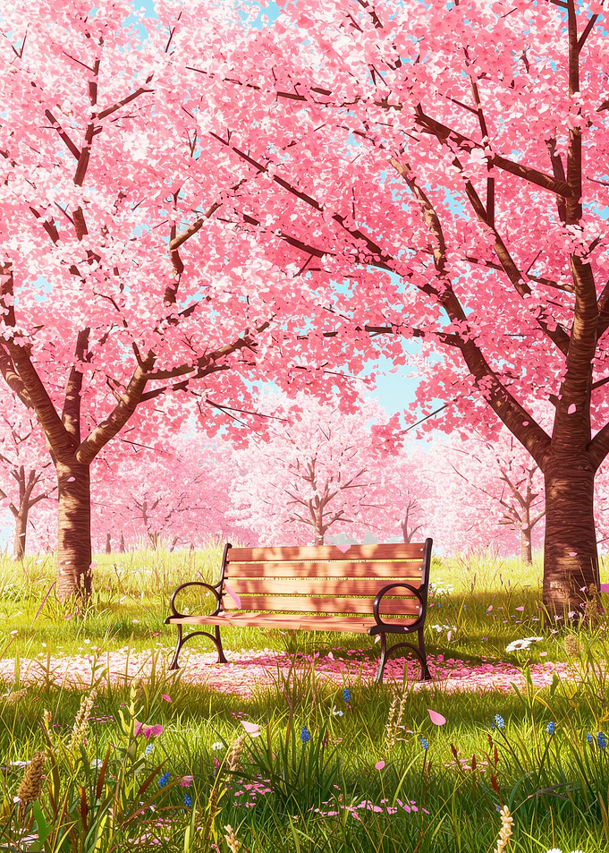 Cherry Blossom Park Bench Serenity