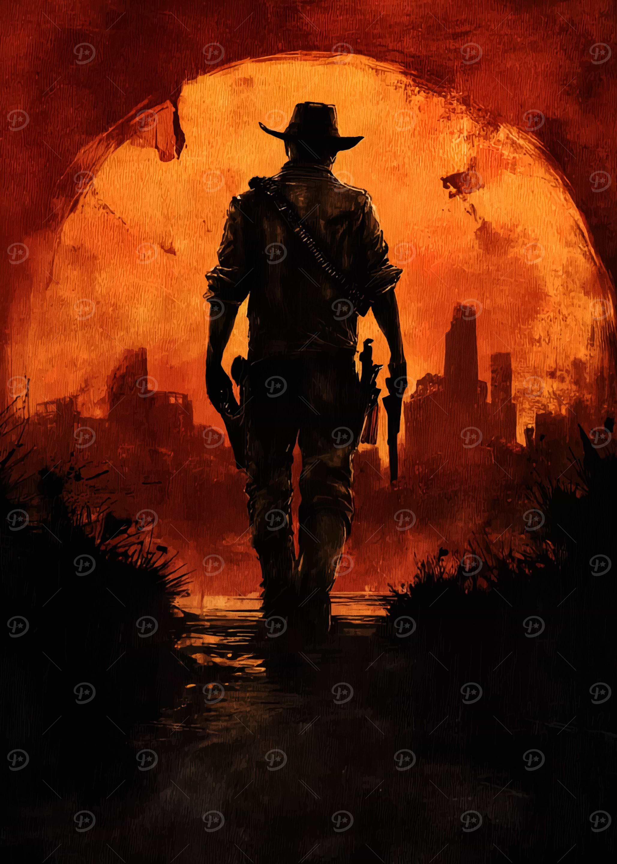 Western Cowboy Silhouette Against Orange Sky