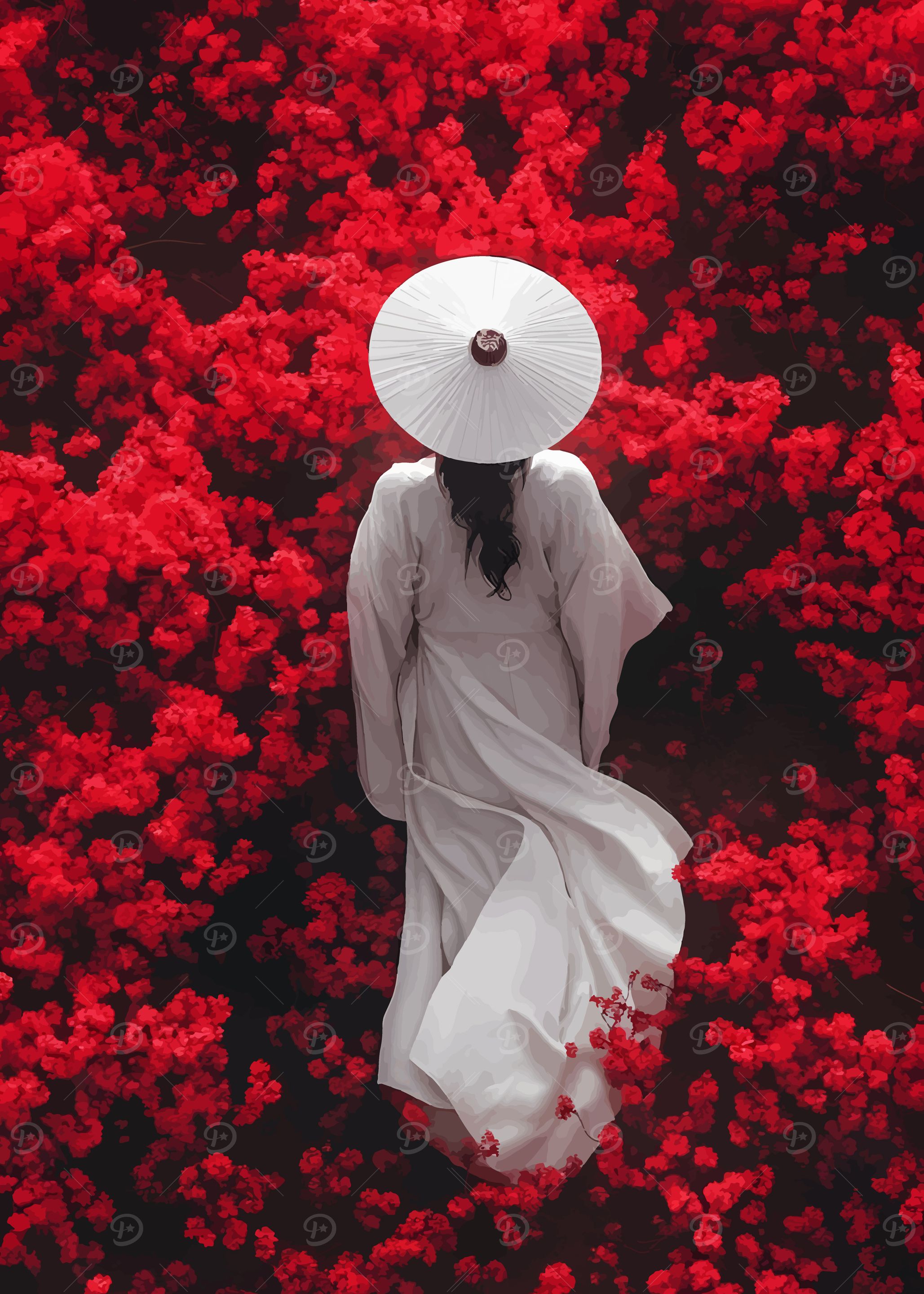 Woman in White with Red Flowers