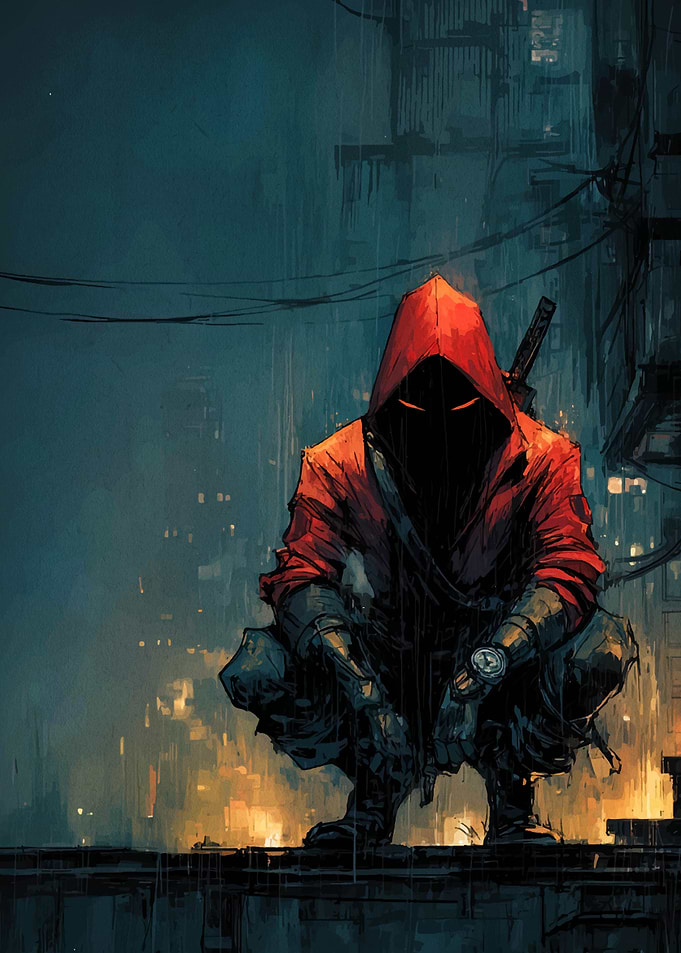 Red Hooded Figure in Urban Setting