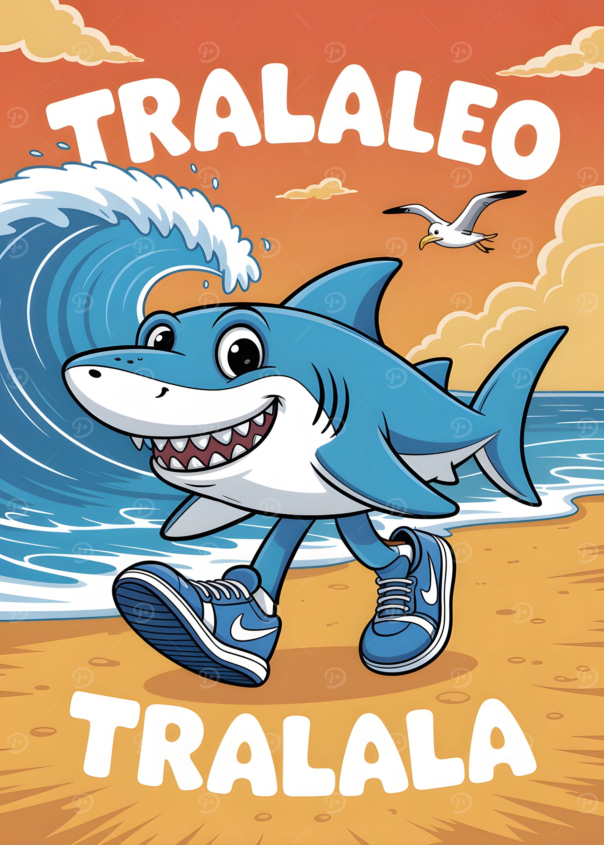 Cartoon Shark Walking on Beach